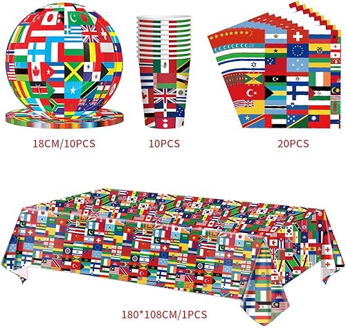 Drapeaux du monde vaisselle,41PCS de vaisselle d'anniversaire avec drapeau international, Décorations de fête à thème international, assiettes,Serviettes en papier, gobelets en papier,Nappe, 10Invités - Nail Gallerys