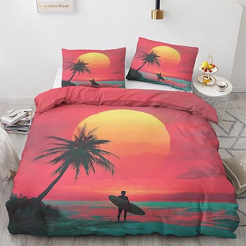 Venivici Housse de Couette 220x240 Hawaii - Parure de Lit 2 Personnes Motif Surf Paysage Tropical avec Fermeture éclair - Ensemble de Literie en Microfibre Douce avec 2 Taies d'oreiller A@&-257 - Nail Gallerys