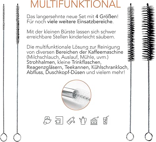 fancility® Lot de 4 brosses de nettoyage pour bouteilles AirUp, machine à café, etc. XL 32 cm de long, bec verseur à café et brosse pour tuyau à lait, petite brosse pour nettoyer le tuyau à lait - Nail Gallerys