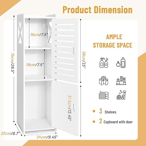 MOBPMO Armoire de salle de bain autoportante à double porte à 3 niveaux – Armoire de rangement latérale multifonction pour la maison et le bureau, 24 x 22 x 74,9 cm, blanc - Nail Gallerys