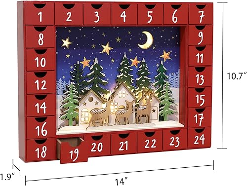 PE Calendrier de l'Avent en Bois Fait Main avec 24 Tiroirs - Calendrier de Noël Illuminé avec Scène de Village et Renne - Décoration de Noël à Remplir pour Enfants et Adultes 35,5 x 5 x 27,2 cm - Nail Gallerys