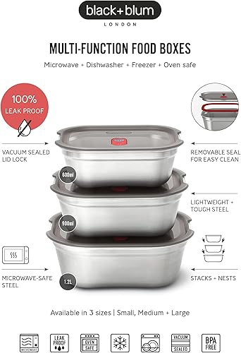 BLACK + BLUM - Boîte Repas Rectangulaire Hermétique - Inox Compatible Micro-Onde, Lave-Vaisselle, Four et Congélateur - Couvercle Sécurisé - 1200ml - Gris/Rouge - Nail Gallerys