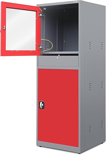 Jan Nowak Poste de Travail Informatique Armoire PC Armoire Informatique avec tiroir pour Atelier Entrepôt Métal 175 cm x 64 cm x 63 cm (Anthracite-Rouge) - Nail Gallerys