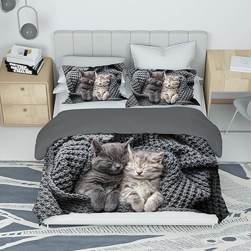 VTRXEG Housse De Couette 220x240 Chat,Ensemble Deparure De Lit en Chat Douces Et Confortables,avec Fermeture Éclair Housse De Couette +2 Taies d'oreiller 50x75 Cm (A, 220x240cm) - Nail Gallerys