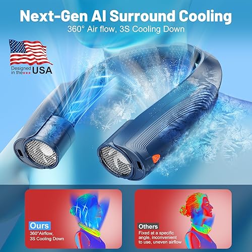 Ventilateur de Cou Portable, 6 Vitesses Ventilateur Cou Climatiseur Rechargeable 8000 mAh, 360° Cooling Ventilateur de Cou Silencieux Libres Sans Pale pour Bureau Voiture Camping Exterieur Noir - Nail Gallerys