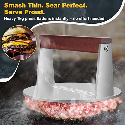 Manucode Presse à hamburger ronde en acier inoxydable - 17 cm - Pour steak et hamburger - 1000 g - Nail Gallerys