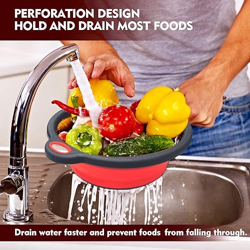 Walfos Passoire à pâtes en silicone – Passoire pliable avec poignée, lot de 2, passoires de cuisine peu encombrantes, 1.5 L, 2 L, sans BPA et passe au lave-vaisselle, légumes, fruits (rouge) - Nail Gallerys
