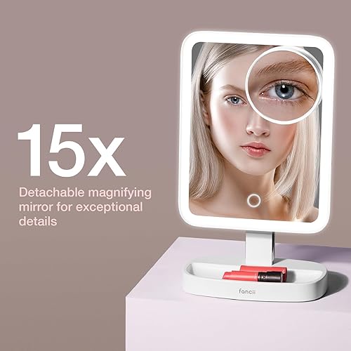 Fancii Miroir de Maquillage Lumineux avec Miroir Grossissant 15x et 3 Réglages D’éclairage - Miroir Cosmétique LED, Dimmable, Ecran Tactile - Aura (Blanc) - Nail Gallerys