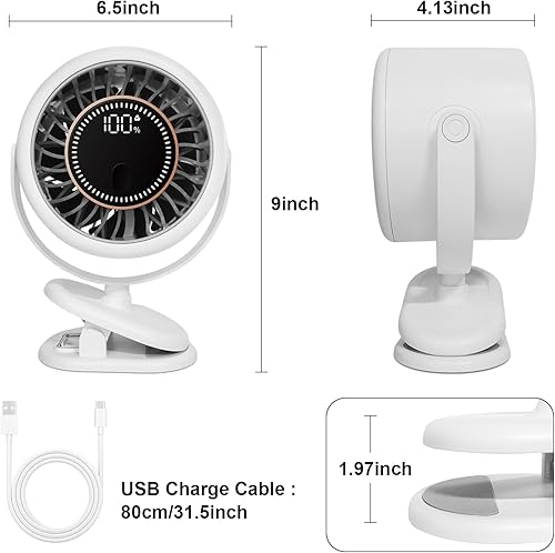 Mini USB Ventilateur Pince Portable, 6 niveaux de vitesse, Affichage LED, 4000mAh Silencieux, rotation à 360 degrés,Rechargeable Table Fan for Bureau,pour bureau,voyage en plein air,camping, poussette - Nail Gallerys