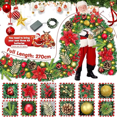 ITMNMNL Guirlande de Noël 2,7M Guirlande Sapin Artificiel,Guirlande Escalier Noel,Guirlande de Sapin Artificiel avec 50 LED,Guirlande Noel,Couronnes et Guirlandes de Noël pour Décor Porte Cheminée - Nail Gallerys