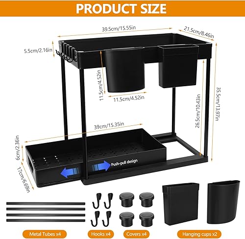 Rangement sous Évier Cuisine, Organisateur sous Evier Cuisine 2 Niveaux, Organisateur Evier Cuisine, étagère de Rangement sous Evier Tiroir Coulissant à Extraction pour Placard Cuisine - Noir - Nail Gallerys