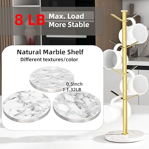 Gypie Porte-tasses doré avec base en marbre, 8 crochets, support de tasses à café, support amovible pour cuisine et café - Nail Gallerys