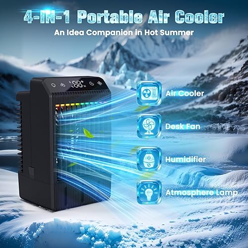 Climatiseur Mobile, Refroidisseur d'air 1400ML avec Télécommande, 3 Vitesses, 2 Modes de Brumisation, Mini Climatiseur 7 Lumières LED, Ventilateur de refroidisseur d'air pour Maison, Bureau - Nail Gallerys