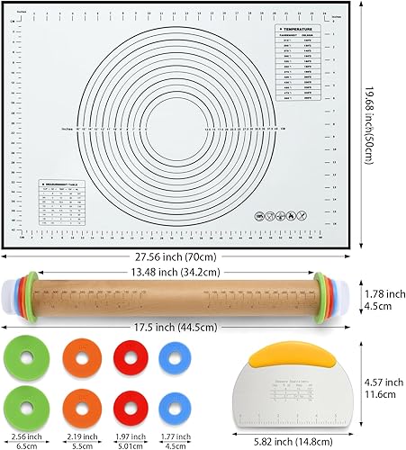 Unokit 3 pièces Ustensiles à Pâtisserie,Rouleau Patisserie Bois a Vec Anneau épais, Tapis en Silicone Antidérapant Surdimensionné et Coupe Pate graduée - Nail Gallerys
