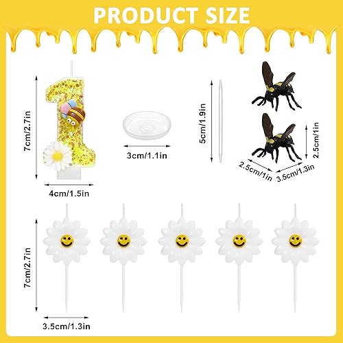 Lot de 8 bougies abeilles jaunes pour 1er anniversaire, bougie chiffre 1 avec tournesols pour décoration de gâteau, décorations de 1er anniversaire de filles et garçons, bougies abeilles de dessin - Nail Gallerys