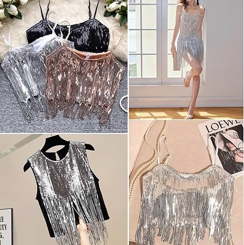 WANYIG 5 Yards 16CM Paillettes Franges à Coudre Vêtements Frange de Garniture Tassel Trim Dentelle pour DIY Robe Belly Dance Latin Costume Maillot de bain Couture Décoration (Or clair) - Nail Gallerys