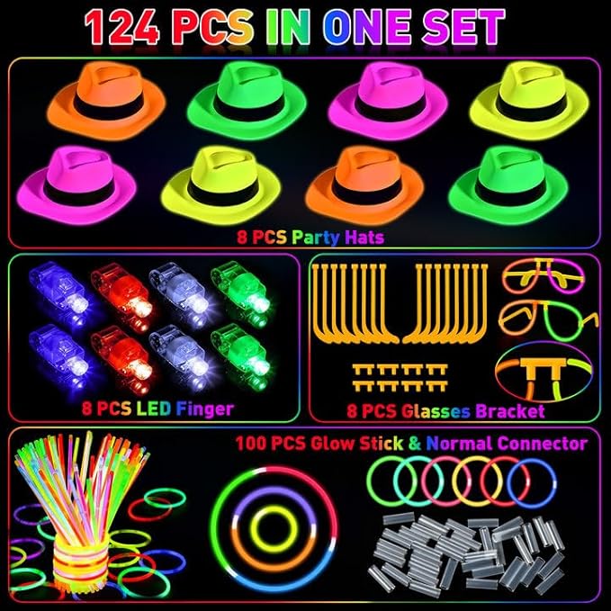 Cleboen 124PCS Accessoire Fluo Soirée Cadeau Anniversaire Chapeau Fluorescent Soirée LED Finger Lights Baton Lumineux Fluorescent Mit Connecteurs Pinata Anniversaire Garcon Cadeau Femme Anniversaire - Nail Gallerys