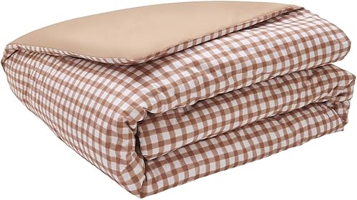 Housse de Couette imprimée en Percale de Coton, Made in France, Vichy, 140 x 200 cm, Essix, Beige Dune - Nail Gallerys