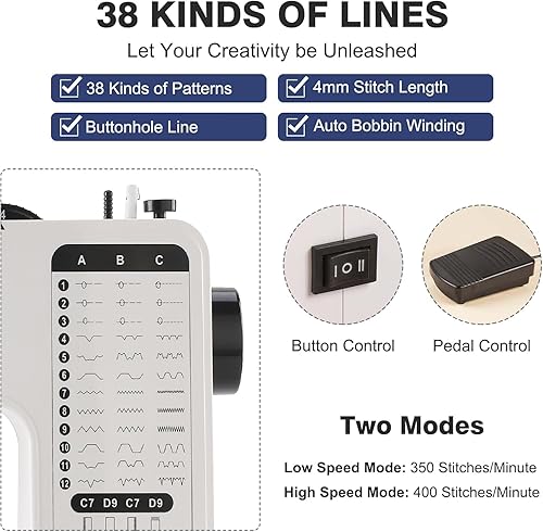 Machine À Coudre Professionnelle avec Grande Table à Coudre, Machine à Coudre Portable et Polyvalente, Machine à coudre débutant avec 38 programmes de couture Réglable 2 vitesses Avec Pédales - Nail Gallerys