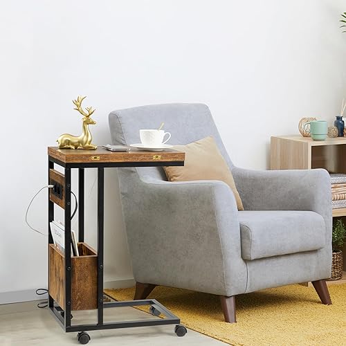 Hadulcet C-Tisch Table d'extrémité avec station de charge - Table en C pliable - Plateau à roulettes - Plateau TV - Table de lit en forme de C - Petite table d'appoint pour petits espaces - Marron - Nail Gallerys