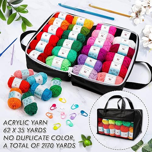 INSCRAFT Lot de 62 écheveaux de fil acrylique pour tricot et crochet, comprend 2 crochets, 2 aiguilles à tisser, 10 marqueurs de mailles, kit parfait pour débutants pour adultes et enfants - Nail Gallerys