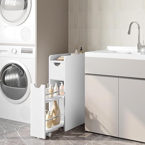 EUGAD Meuble Salle de Bain, Petit Meuble de Rangement, Armoire Salle de Bain Étroite, avec 2 Tiroirs, en Bois d'Ingénierie, Blanc, 19x45x70cm - Nail Gallerys