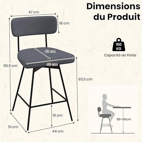 RELAX4LIFE Lot de 2 Tabouret de Bar Hauteur Assise 65 cm, Tabouret Bar 4 Pieds Pivotant, Chaise de Bar Rembourrée, Tissu de Lin, Dossier, Repose-Pieds, Cadre Métallique, pour Îlot Central (Beige) - Nail Gallerys
