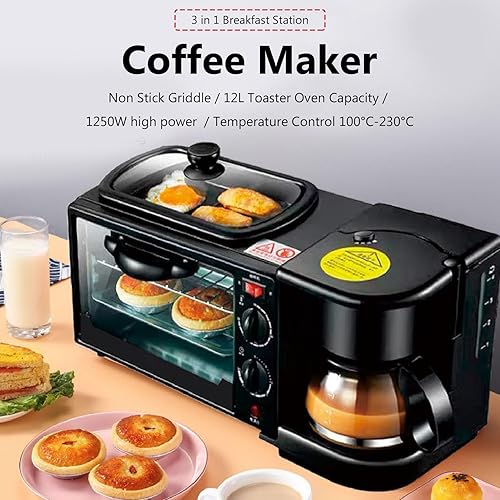 Station de Petit-déjeuner 3 en 1, Four Portable avec Machine à Café, Double Plaque Antiadhésive pour œufs, Viande, Saucisses, Bacon, Crêpes et Sandwichs de Petit-déjeuner, Four Grille-pain 12 L 220 V - Nail Gallerys