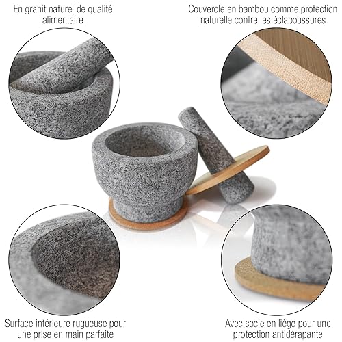 AMAZY Mortier et Pilon en Granit - Mortier avec Pilon en Pierre Naturelle Robuste et Solide - avec Couvercle en Bambou + Dessous de Verre en Liège - pour piler Épices, Herbes, Ail - Diamètre de 14 cm - Nail Gallerys