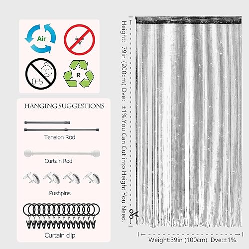 ElevaPulse Rideau anti-mouches pour porte de balcon, porte de terrasse - 100 x 200 cm - Noir pailleté - Protection contre les mouches - Nail Gallerys