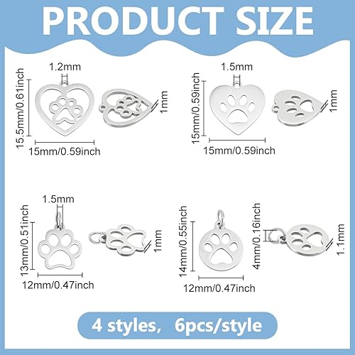 PH PandaHall 24pcs 4 Styles Breloque en Acier Inoxydable avec Empreintes de Pattes de Chien Pendentifs en Forme de Cœur pour Animaux de Compagnie la Fabrication de Bijoux Colliers et Bracelets - Nail Gallerys