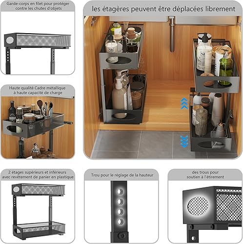 UMDONX Rangement sous Evier Cuisine Coulissant，Etagere sous Evier，Hauteur Réglable, Rangement Et Organisation De Cuisine Stable de Grande Capacité(Noir) - Nail Gallerys
