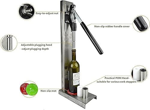 Boucheuse manuelle en acier inoxydable, machine à boucher les bouteilles de vin, avec base antidérapante, avec 2 manchons POM, hauteur réglable 8-42 cm, plage de bouchage diamètre 20-22 mm, hauteur 30 - Nail Gallerys