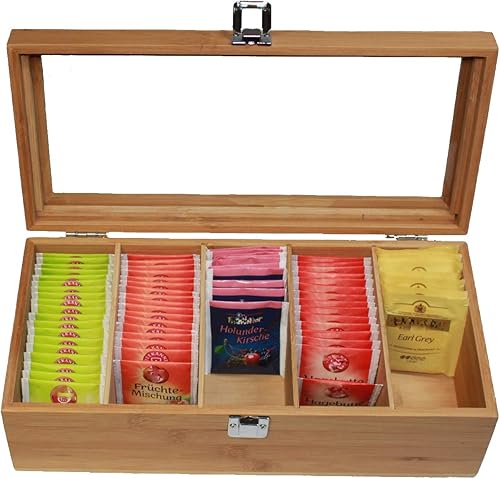Valuna Boîte à thé en bambou H x l x P : env. 11 x 36 x 16 cm, boîte de rangement avec 5 compartiments, boîte à thé en bois pour ranger 100 sachets de thé - Nail Gallerys