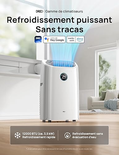 Dreo Climatiseur portable 10 000 BTU pour chambre, refroidissement sans drainage, silencieux (46 dB), contrôle par application/voix, minuterie 24h, avec ventilateur et déshumidificateur - Nail Gallerys