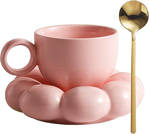 Jorzer Tasse à Café en Céramique Avec Cuillère - Voyage de Tournesol Nuage Avec Soucoupe 200ml - Ensemble pour Latte, Cappuccino, Thé Après-Midi - Blanc - Nail Gallerys