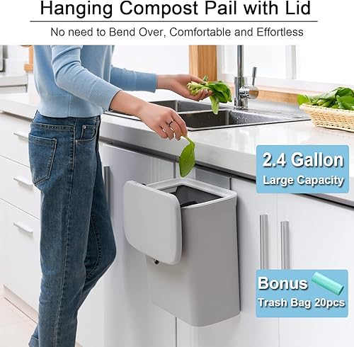 None Brand – Poubelle à Compost de Cuisine pour comptoir ou sous évier, Petite Poubelle à Suspendre avec Couvercle pour Placard/Salle de Bain/Chambre/Bureau/Camping, Seau à Compost d'intérieur Gris - Nail Gallerys