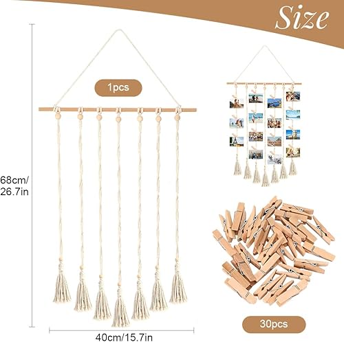 GIDWRIY Cadre Pele Mele Photo Mural,Accroche Photo en Macramé,Porte Photo Bohème,Tableau Photo avec 30 Clips en Bois,Support Photo Suspendu pour Photo Polaroid,Cadre Photo Suspendu Corde - Nail Gallerys