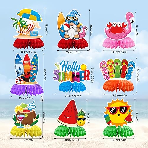 Pellinch Lot de 9 décorations de table d'été 3D en nid d'abeille - Décoration de table hawaïenne - En nid d'abeille - Pour fête d'été, plage, fête, été, vacances, anniversaire - Nail Gallerys