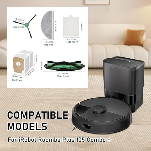 DianSung accessoires pour iRobot Roomba Plus 105 Combo + pièce de rechange pour aspirateur, 1 brosse principale,4 chiffons de lavettes,4 sacs à poussière 4 brosses latérales,4 filtres - Nail Gallerys