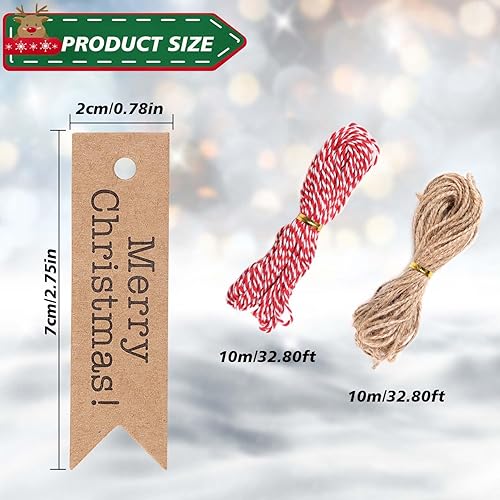SULOLI 100pcs Étiquettes Kraft Noël avec 10M Ficelle Rouge et Blanche et 10M Jute，7x2 cm Marron Étiquettes Suspendues pour Décoration Noël - Nail Gallerys