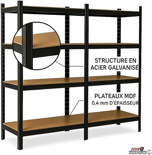 EURO VANADIUM - Triple Étagères de rangement Charges Lourdes - 210 x 150 cm - 960 kg - Étagères de garage modulables, 4 Niveaux, 12 Plateaux - 40 cm - Noir - Nail Gallerys