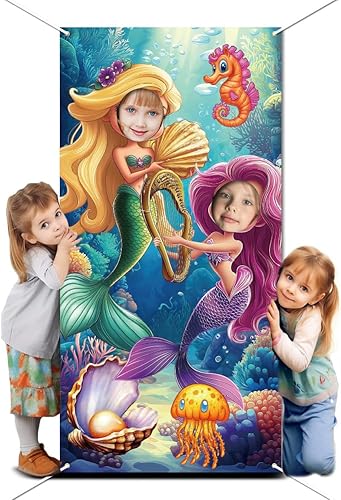 WADORN Bannière Photo de Fête des Sirènes, Bannière de Porte Photo de Fête d'anniversaire de Sirène sous la Mer Toile de Fond de Sirène Visage Drôle dans Le Trou Accessoire pour Jeu de Rôle 90x180cm - Nail Gallerys