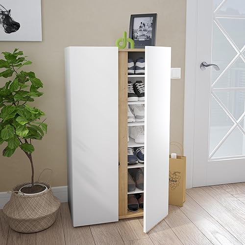 duehome | Eitan, Meuble à Chaussures à 2 Portes, Armoire à Chaussures, Finition Couleur Blanc Artik et chêne Nodi, Dimensions : 56,5 cm (Longueur) x 102 cm (Hauteur) x 35 cm (Profondeur) - Nail Gallerys