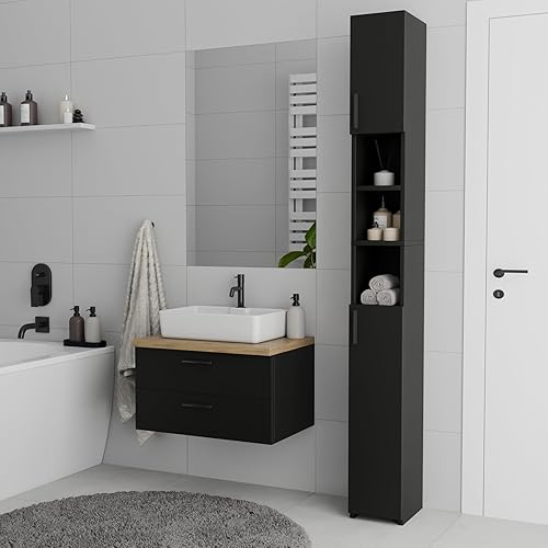 ComfortCove Meuble de Salle de Bain Fin, Armoire Haute WC, Colonne Salle de Bain, Meuble Compact Parfait pour Les Petites Toilettes, 2 Portes, Chene - Nail Gallerys