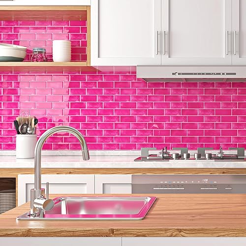 Livelynine Carrelage Adhesif Mural Cuisine Rose Credence Adhesive pour Cuisine 3D 30x30CM Dalle PVC Adhesive Murale WC 16-Dalles Credence Adhesive Salle de Bain Résistant à la Chaleur 3D Brique Rose - Nail Gallerys
