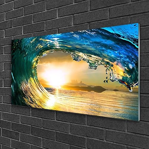 Decormat Image du verre Art mural 100x50 cm Imprimé Verre Photo décorative Verre réel de sécurité trempé Impression - Nature Vague Mer Coucher Du Soleil - Nail Gallerys