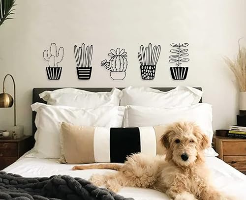 Resama Lot de 5 cactus sur le thème naturel - Art mural moderne en métal noir - Décoration murale simple avec succulentes en pot - Art mural pour le bureau - Nail Gallerys