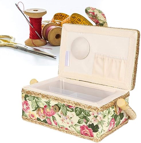 Panier de Ménage Tissu, Artisanat à la main Panier à Coudre, Fil Aiguille Boîte de Rangement avec Poignée pour Tissu Art (Jardin rose) - Nail Gallerys