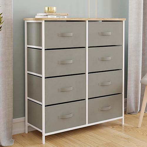 IDMarket - Commode 8 tiroirs en Tissu Alta 80 cm Gris Clair et Plateau Effet Bois Design Industriel - Nail Gallerys